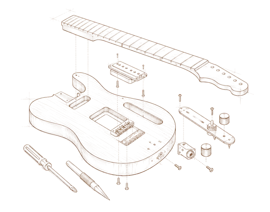 An exploded view of a guitar: neck, body, pickups, bridge, and electronics laid apart