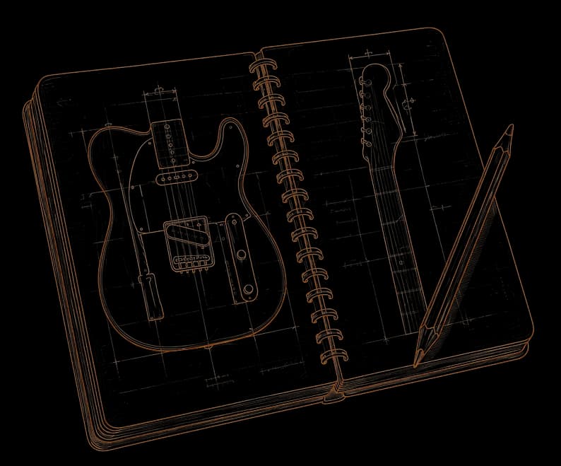 A sketchbook open to a guitar body and neck drawn to scale, a pencil resting on the page