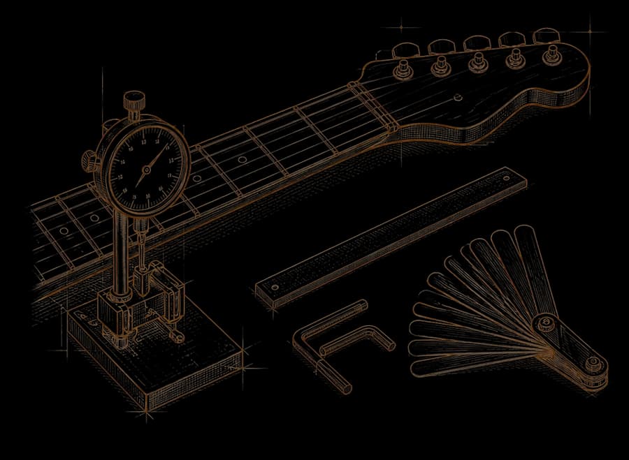 A neck on the bench with a dial gauge, a straightedge, and feeler gauges