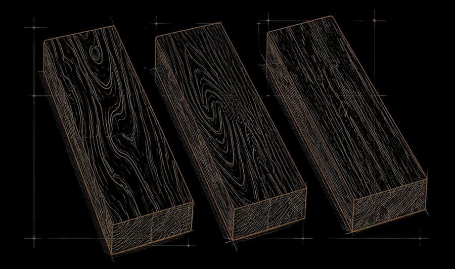 Three timber blanks with their grain drawn in detail